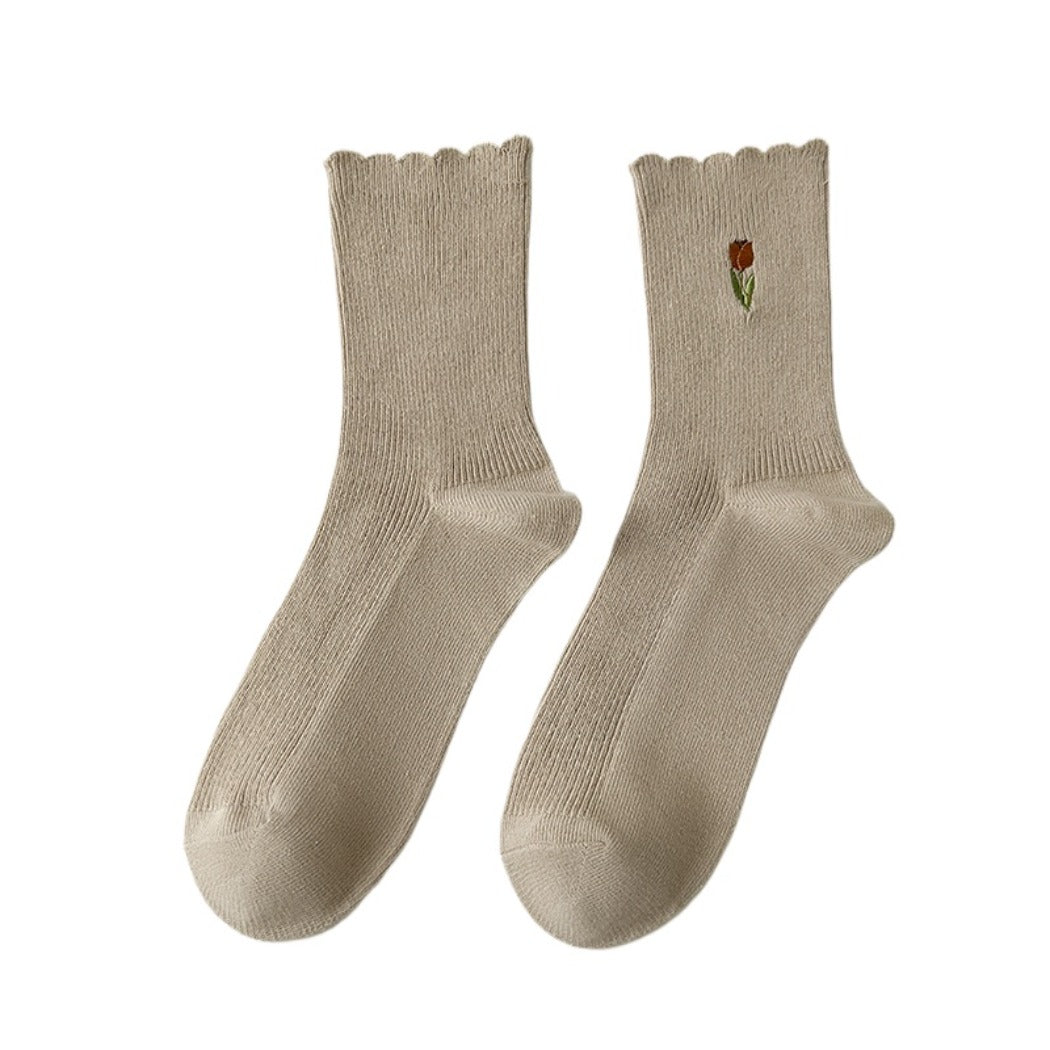 Rufia - Solid-Color Floral Tulip Socks - Sweet &amp; Classic