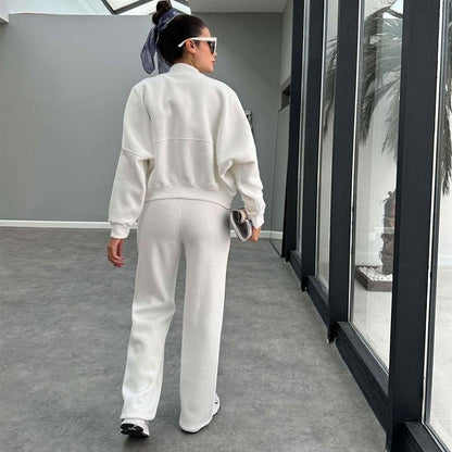 Solid Fleece Zip Hoodie Straight Leg Pants Set