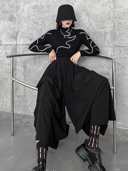 Fashion Irregularity Wide Leg Solid Color Elastic Waist Cropped Pants