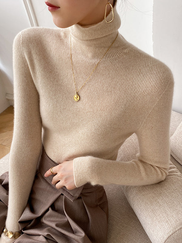 Simple Skinny Solid Color High-Neck Sweater Tops Pullovers