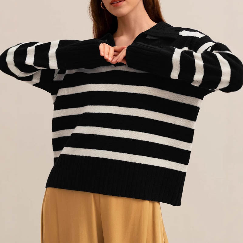 Winter Polo Collar Striped Knit Pullover Sweater