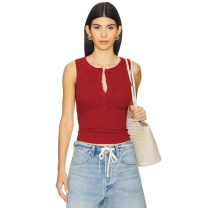 Round Neck Button Ribbed Sleeveless Vest