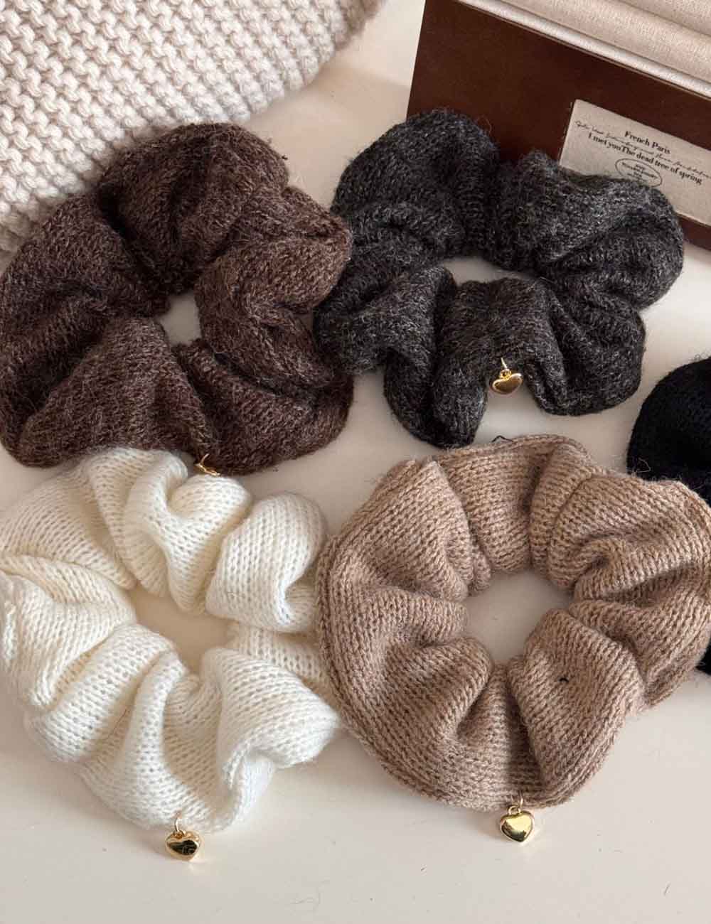 Solid Color Heart Pendant Knit Hair Tie