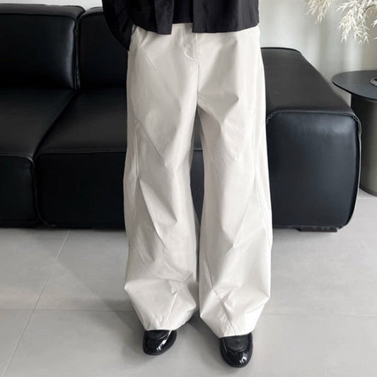 Pleated Curved Hem Wide-Leg Pants Unisex Loose Fit Style
