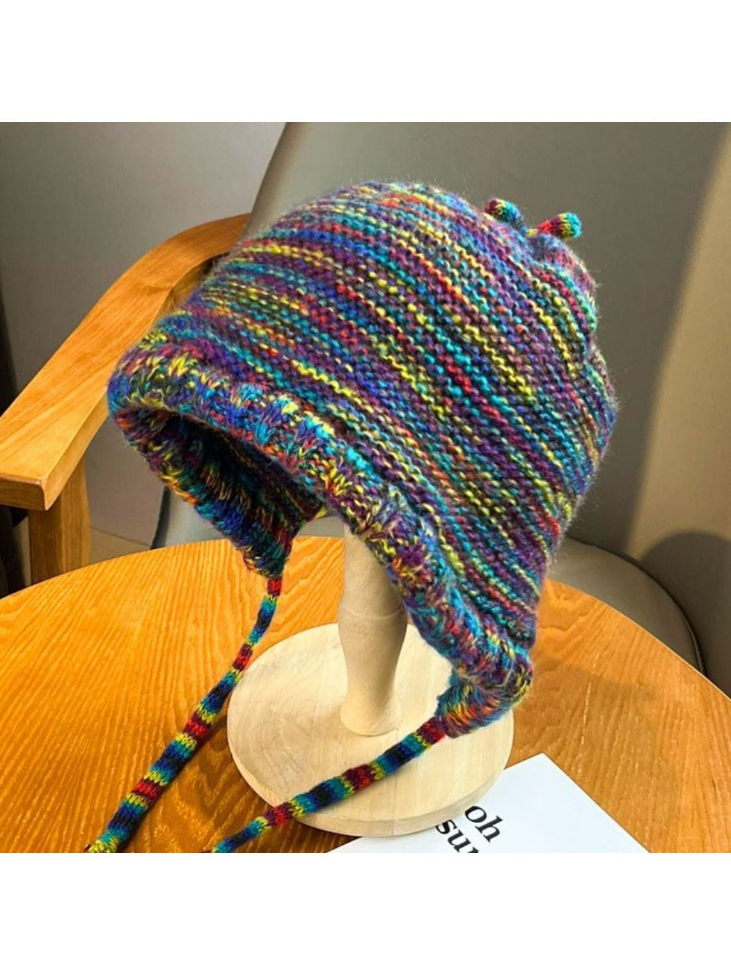 Haila - Rainbow Striped Knitted Beanie with Earflaps
