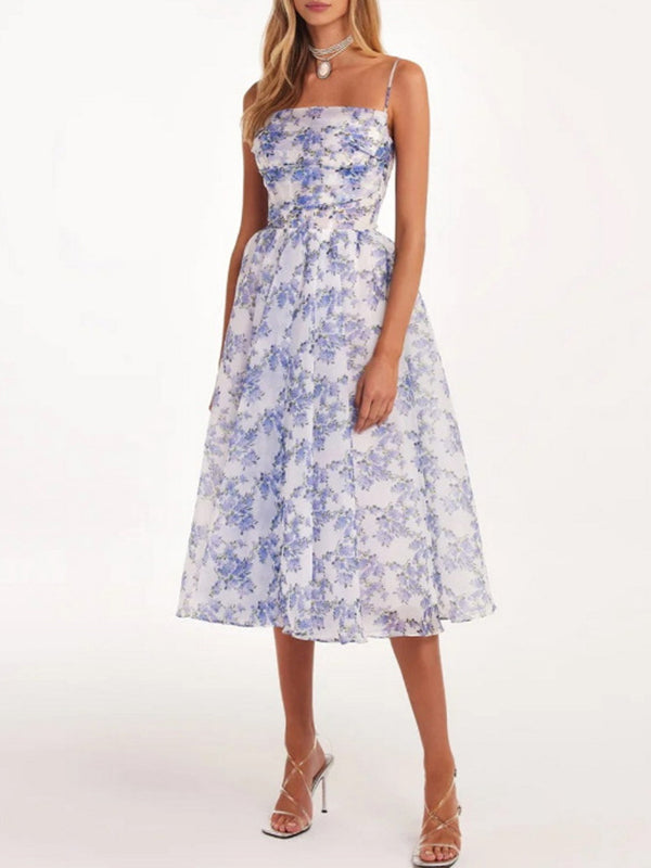 Flower Printed Ruffled Pleated Sleeveless Spaghetti-Neck Chiffon Midi Dresses