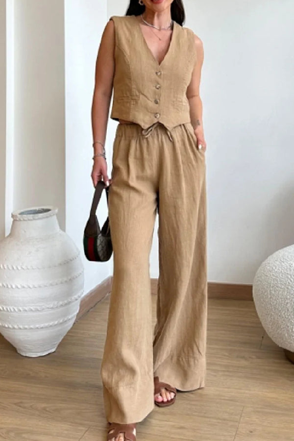 Casual Solid Color Cotton Linen Vest \u0026 Lace-Up Pants Two-Piece Set
