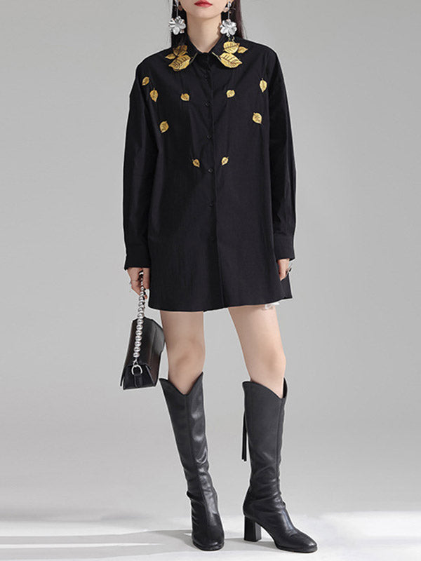 Long Sleeves Loose Buttoned Embroidered Split-Side Lapel Blouses&Shirts Tops