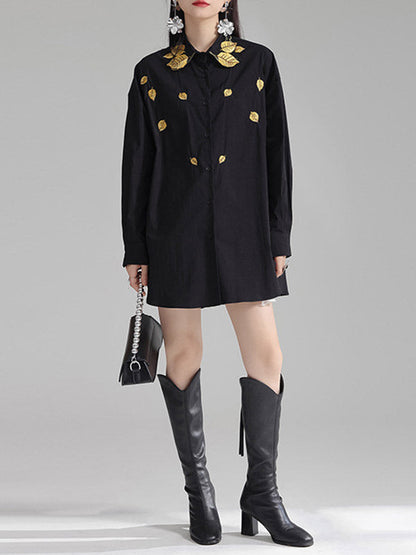 Long Sleeves Loose Buttoned Embroidered Split-Side Lapel Blouses&Shirts Tops