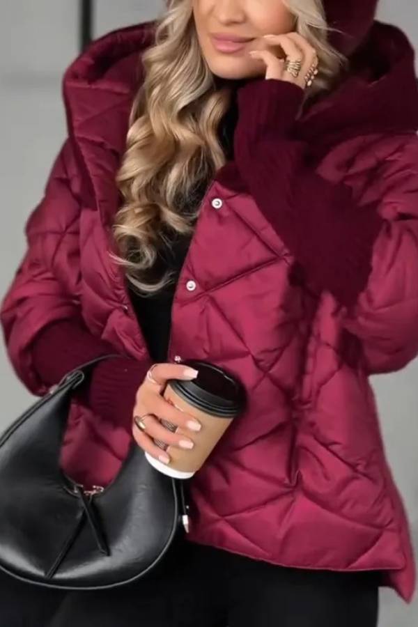 Women Hooded Patchwork Knitted Sleeves Casual Cotton Jacket
