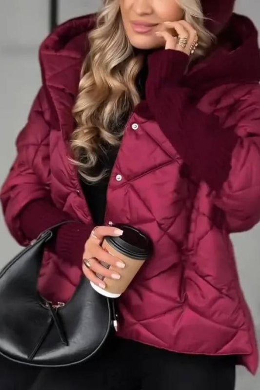 Women Hooded Patchwork Knitted Sleeves Casual Cotton Jacket