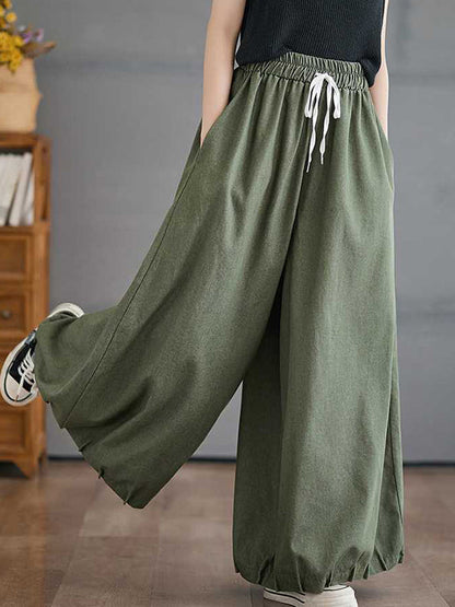 High Waisted Loose Drawstring Elasticity Pleated Pockets Culotte Knickerbockers