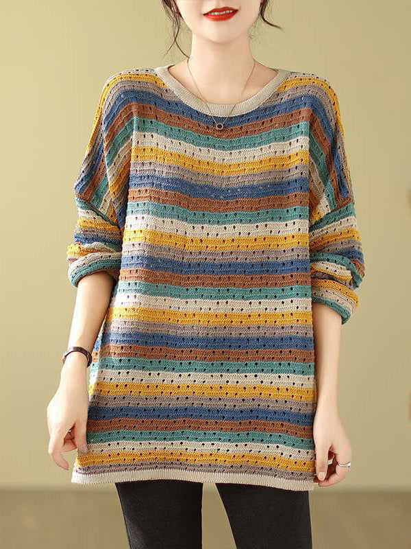 Long Sleeves Loose Contrast Color Hollow Round-Neck Pullovers Sweater Tops