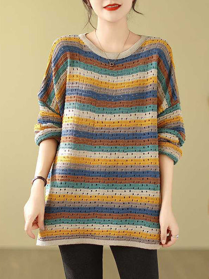 Long Sleeves Loose Contrast Color Hollow Round-Neck Pullovers Sweater Tops