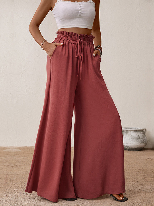 Flared Wide Leg Bandage Drawstring Solid Color Casual Pants Bottoms