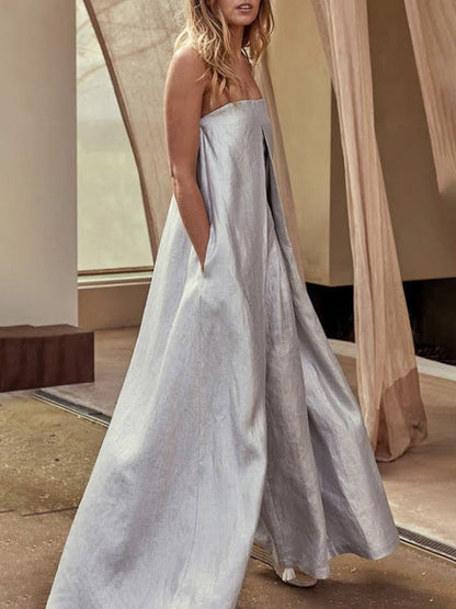 Wide Leg Solid Color Strapless Tube Jumpsuits