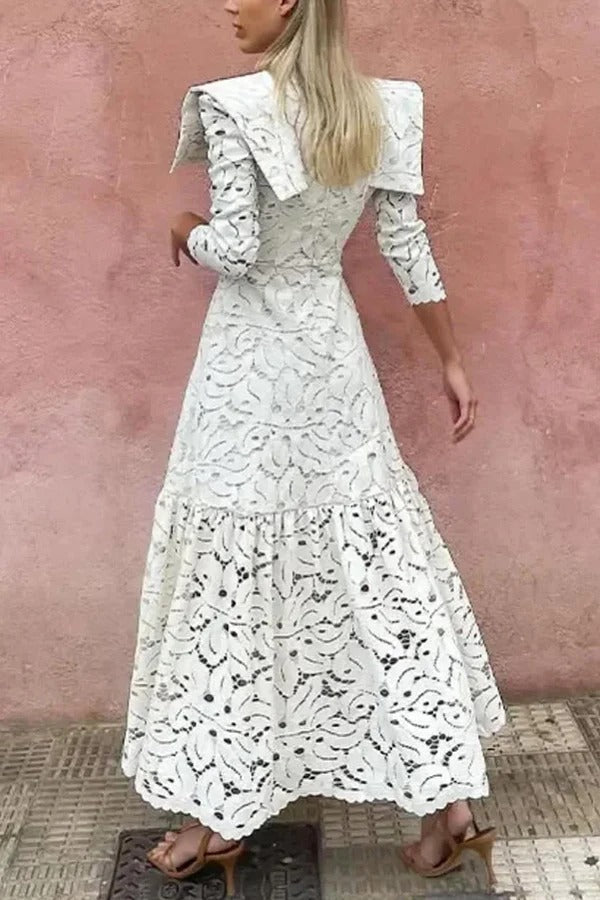 Solid Color Hollow Lace High Neck Long Sleeve Elegant Maxi Dress