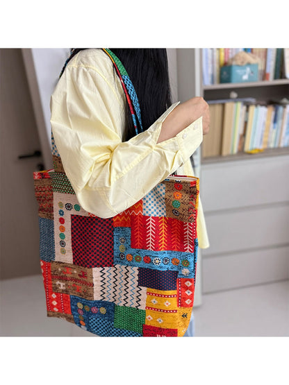 Cosbai - Canvas Tote Bag with Abstract Patchwork Design