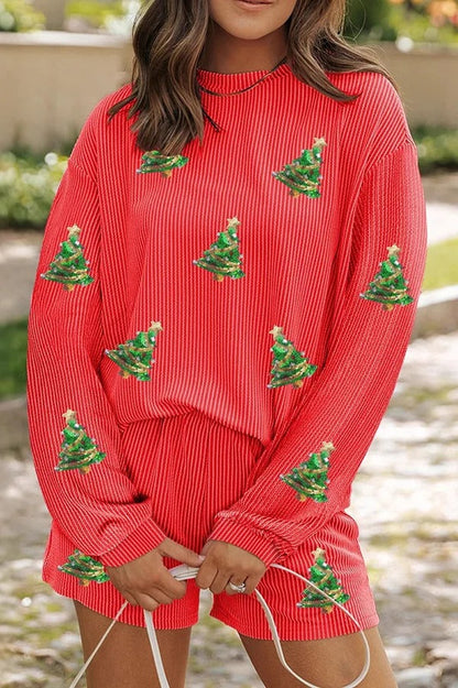 Christmas Sequined Loose Long-sleeved Top and Elastic Waist Casual Shorts Set