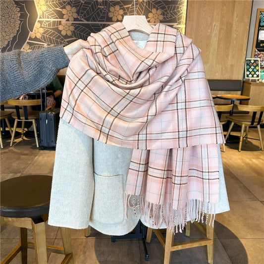 Color Block Plaid Fringe Scarf