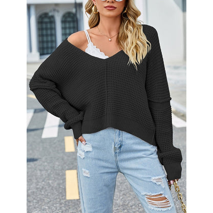 Batwing Sleeves Loose Fringed Solid Color Split-Joint V-Neck Sweater