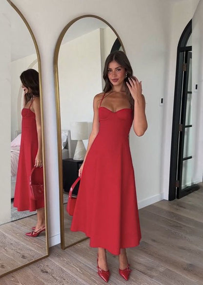 Strappy Back Midi Dress In Red Structured Fabric