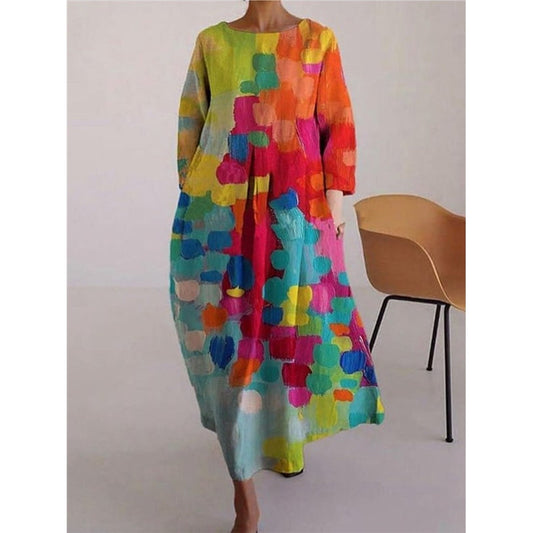 Loose Colorful Contrast Color Printed Round-neck Maxi Dresses Midi Dresses