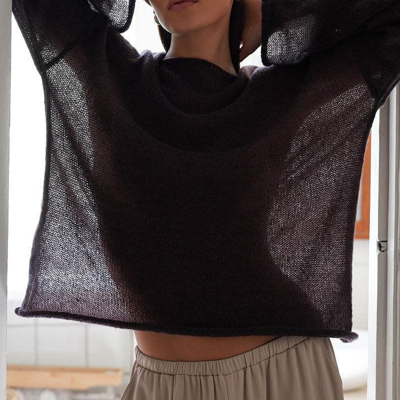 Solid Color See Through Flare Sleeves Knit Top
