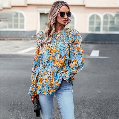 Crewneck Long Sleeves Floral Printed Casual Loose Blouse Top