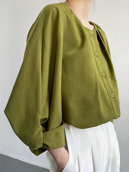High-Low Loose Pleated See-Through Solid Color Split-Joint Round-Neck Blouses