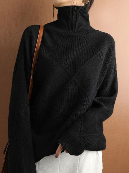 Loose Jacquard Solid Color High-Neck Sweater Tops