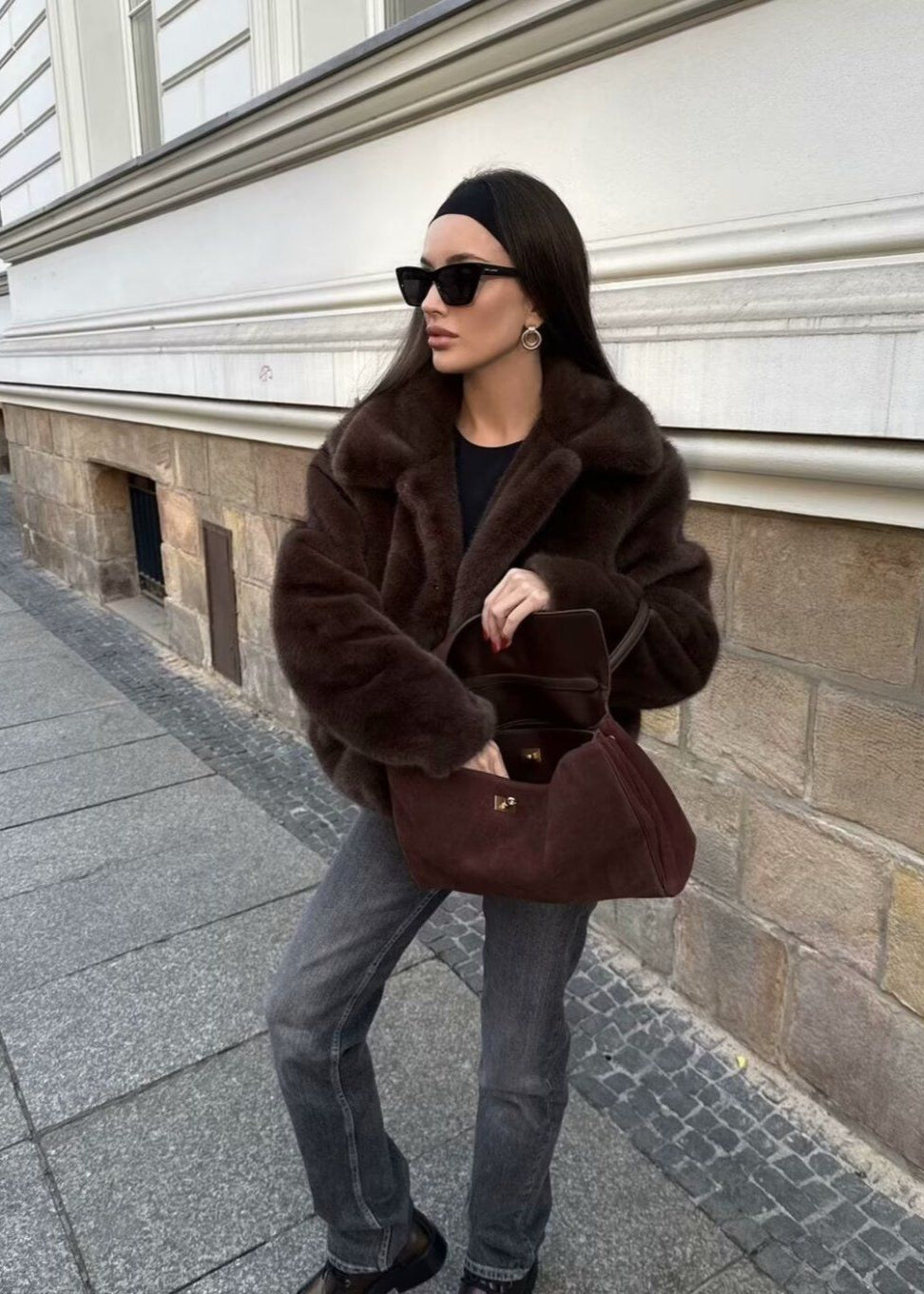 Short Coat Plush Faux Fur Dark Brown