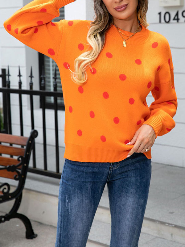 Long Sleeves Loose Polka-Dot Knitwear Pullovers Sweater Tops