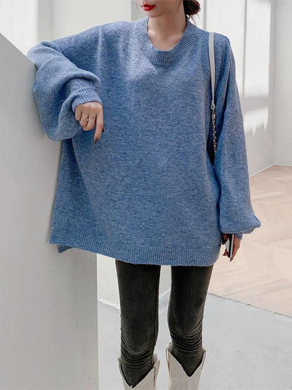 Loose Puff Sleeves Split-Side Solid Round-Neck Sweater Tops