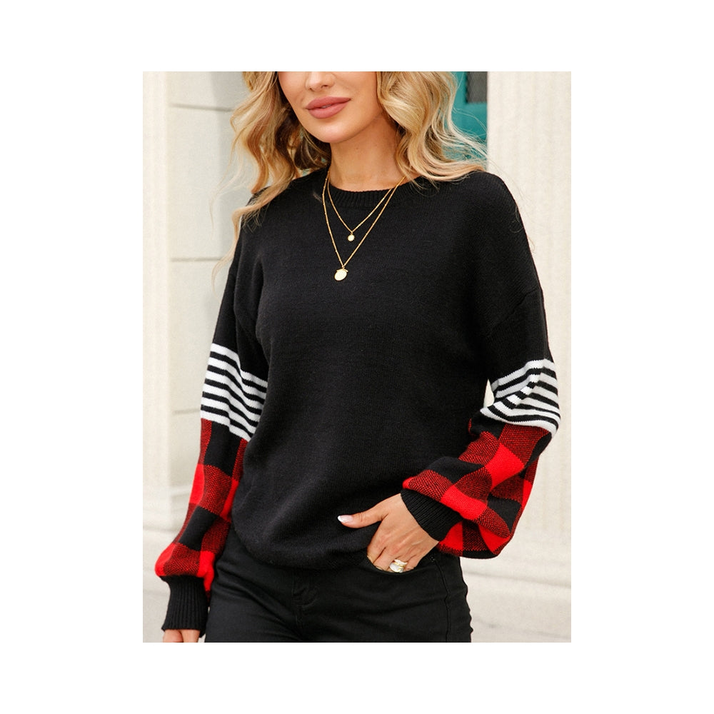 Casual Long Sleeves Loose Checkered Round-Neck Sweater Tops