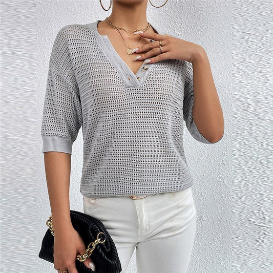 Casual V-Neck Hollow Short-Sleeved Sweater