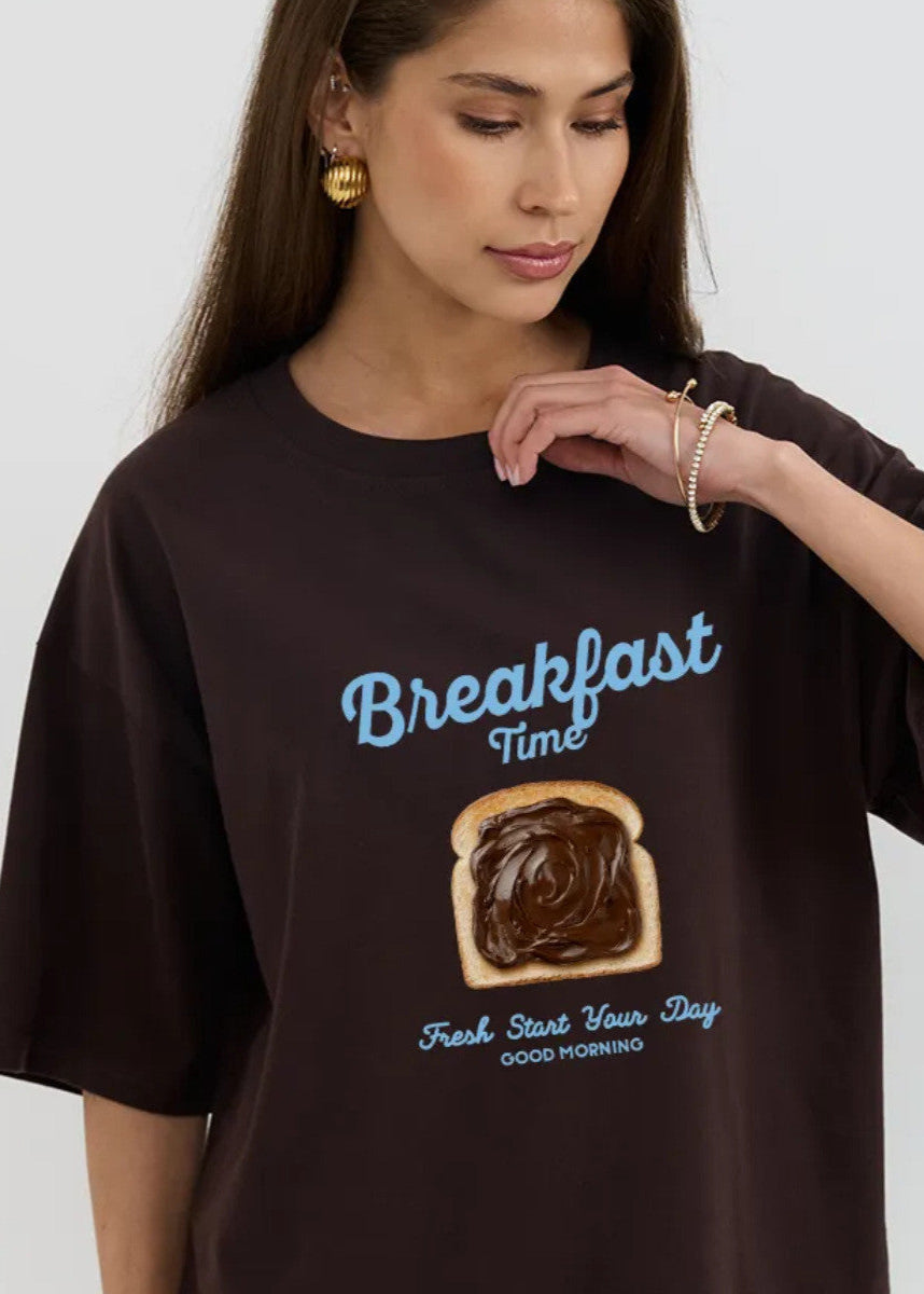 Oversized Cotton Tee With Breakfast Print