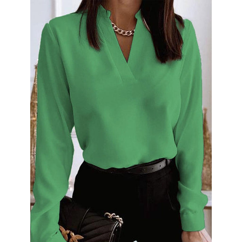 Long Sleeves Loose Solid Color V-Neck Blouses&Shirts Tops