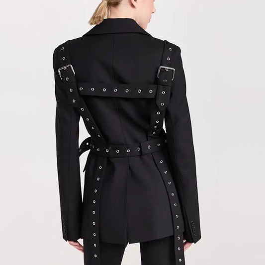 Long Sleeve Lapel Buttoned Rivets Belted Blazer Outerwear