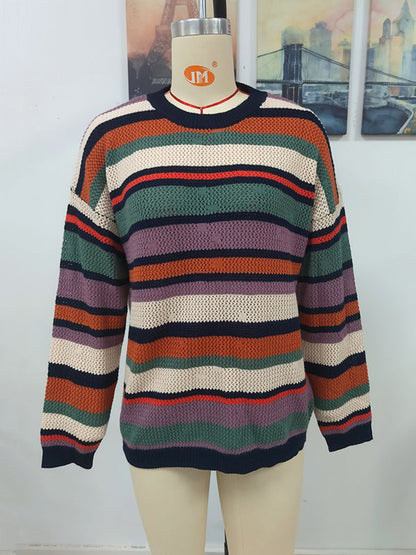 Original Long Sleeves Loose Contrast Color Striped Round-Neck Sweater Tops