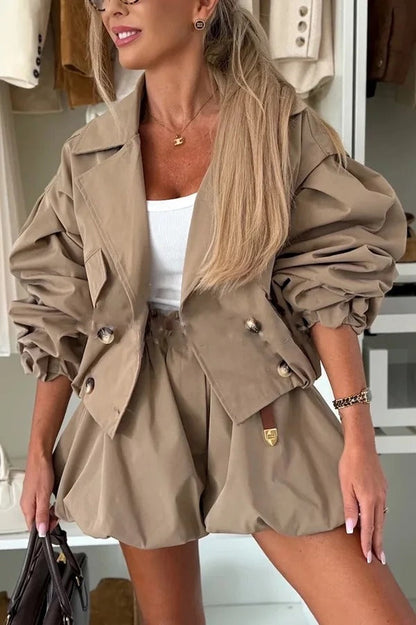 Fashion Style Button Long Balloon Sleeve Pocket Lapel Casual Bomber Jacket