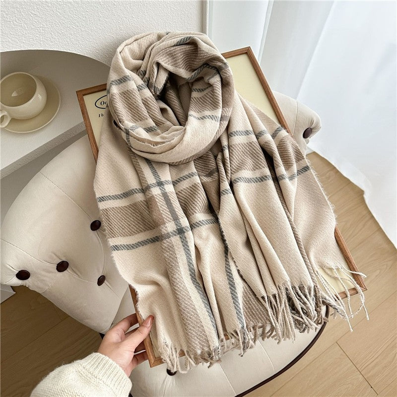 Color Block Plaid Fringe Scarf