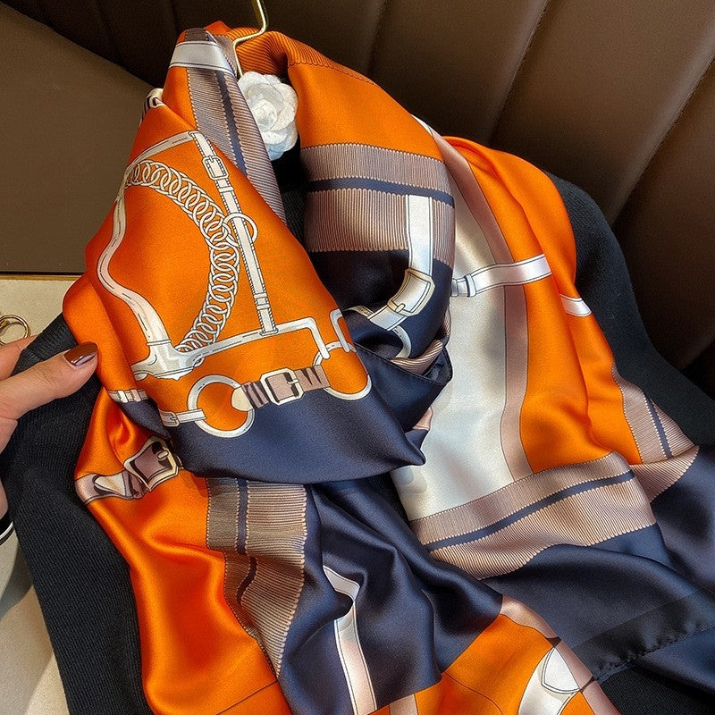 Contrast Print Long Silk Scarf