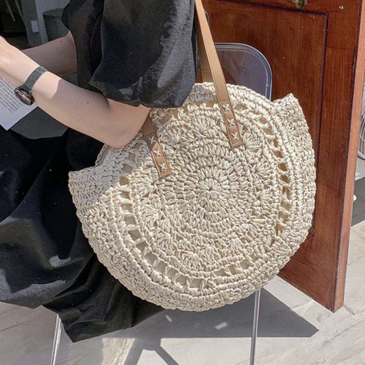Cosbai - Round Hollow Woven Bag