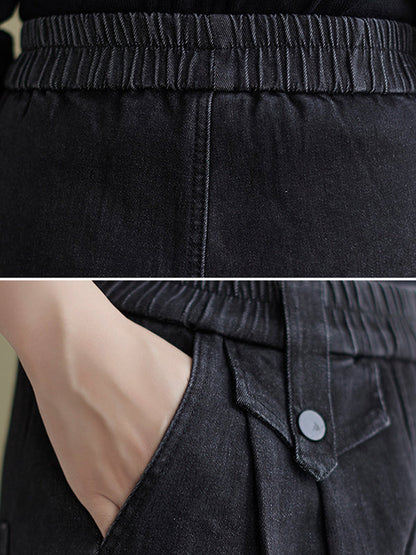 Casual Loose Velvet Elasticity Solid Color Harem Jean Pants Bottoms