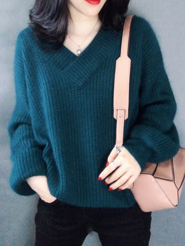 Loose Long Sleeves Solid Color V-Neck Sweater Tops