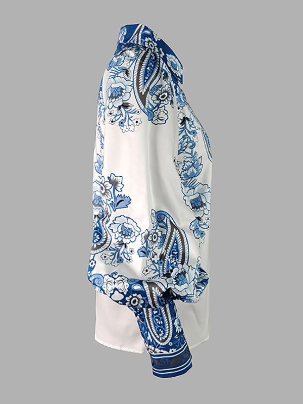 Long Sleeves Loose Buttoned Flower Print V-neck Blouses&shirts Tops