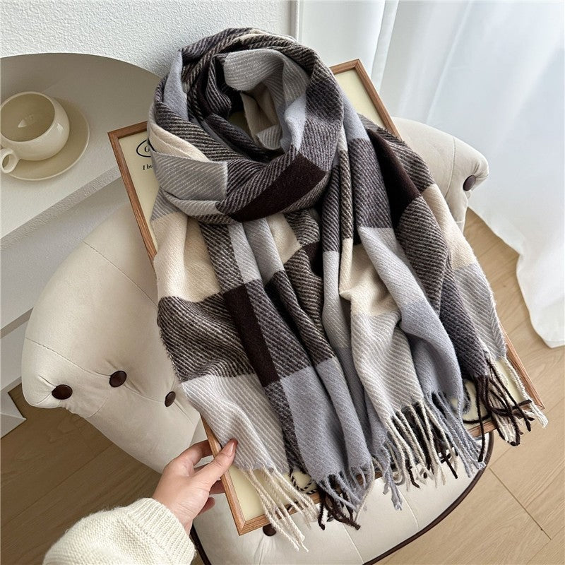 Color Block Plaid Fringe Scarf