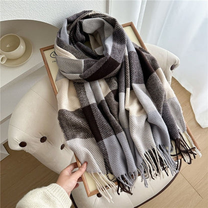 Color Block Plaid Fringe Scarf