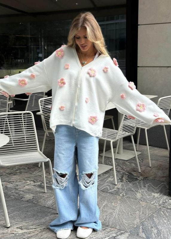 3D Floral Knit Cardigan With V Neck